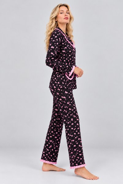 Pijamask Kadın Kalp Desenli Fırfır Detaylı Cepli Düğmeli Uzun Kollu Pijama Takımı