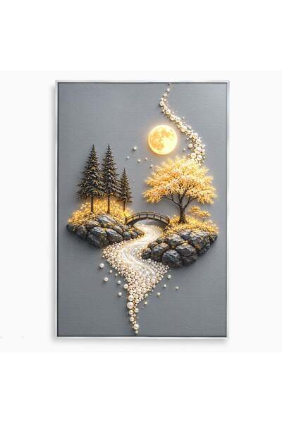 Luxcanva Tablou Canvas Peisaj Lunar 50x70 cm cu Rama Argintiu Copaci Pod Peisaj