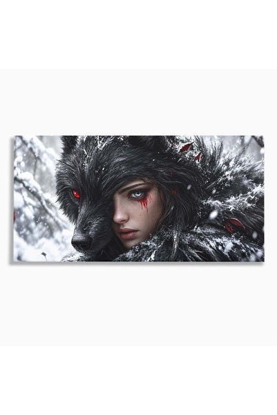 Luxcanva Tablou Canvas Femeia Lup cm pe Sasiu Lemn Portret Mister Fantezie