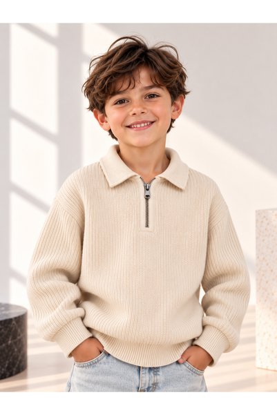 BeeYouStudio Erkek Çocuk Polo Yaka Yarım Fermuarlı Fitilli Triko Sweatshirt/K...