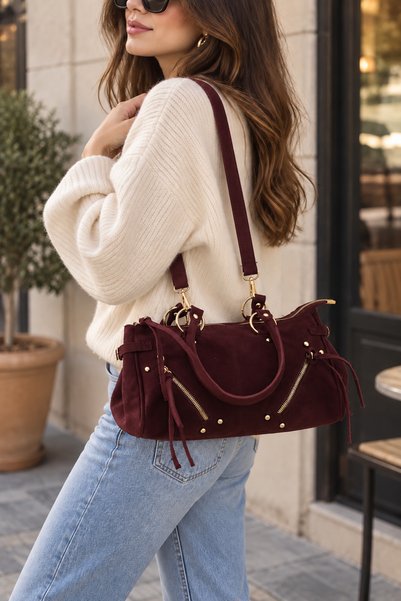 emelimin Women's Burgundy Large Size Suede Look Shoulder Bag with Gold Metal ...