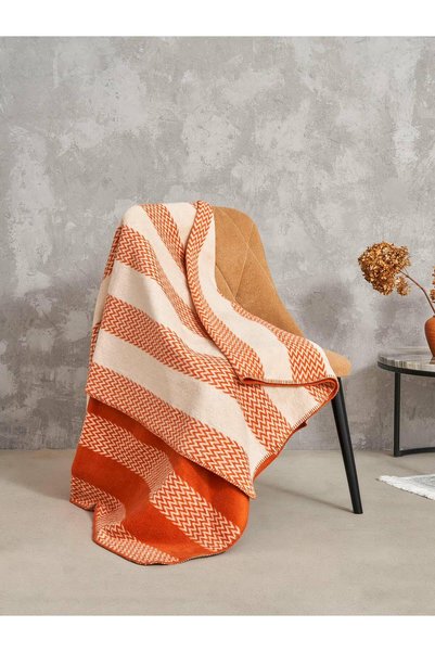 Karo Patura din bumbac-acril 150x200 bej portocaliu cu dungi in zig-zag