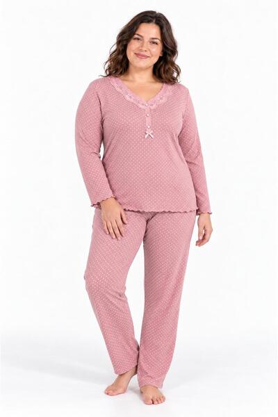Etoile Kadın Büyük Beden Uzun Kol V Yaka Yarım Düğmeli Pembe Pijama Takımı C2...