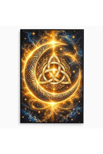 Luxcanva Tablou Canvas Luna Aurie Celtica 80x120 cm cu Rama Negru Auriu Misti...