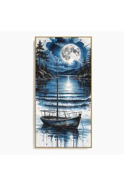 Luxcanva Tablou Canvas Luna Reflectata Pe Lac 60x120 cm cu Rama Auriu Peisaj ...