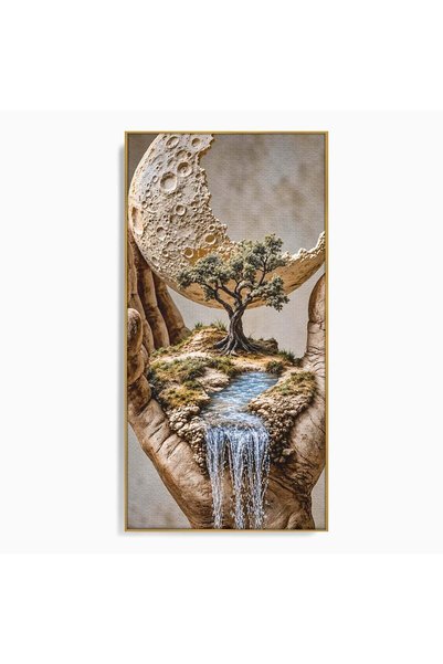 Luxcanva Tablou Canvas Lumea In Mainile Tale 60x120 cm cu Rama Auriu Luna Cop...