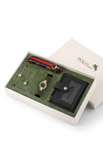 Poloair Baget Taşlı Kordon Kare Kasa Şık Kadın Kol Saati Akordiyon Kartlık At Desenli Fular Ve Zirkon Taşlı Yuvarlak Kolye Bileklik Seti Gold Siyah Renk ST-2242S3