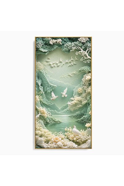 Luxcanva Tablou Canvas Lacul Pastelat 50x100 cm cu Rama Auriu Natura Pasari F...