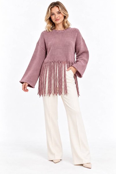 Sfg Life Moda Women's Soft Textured Crew Neck Long Sleeve Tasseled Oversize K...