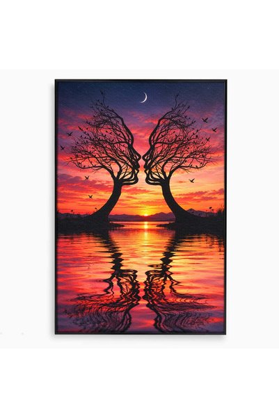 Luxcanva Tablou Canvas Siluete Sub Luna 100x150 cm cu Rama Negru Copaci Apus ...