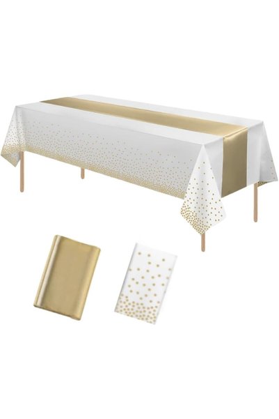 Generic Plastic Tablecloths and Satin Table Runner Set White and Gold Dot Tab...