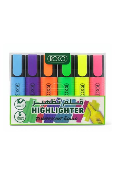 Roco Assorted Color Highlighters, 6 Neon Chisel Tip Highlighters for Adults, Children, Students, Office and School Supplies