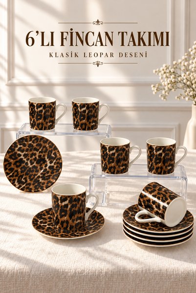 Queen’s Kitchen 6 Kişilik Porselen Leopar Desenli Kahve Fincan Takımı