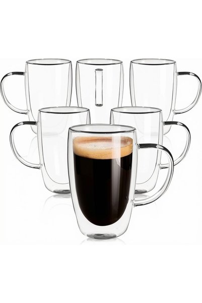 Generic Set of 6 Double Walled Glass Coffee Mugs with Handles, 16oz (450ML) C...