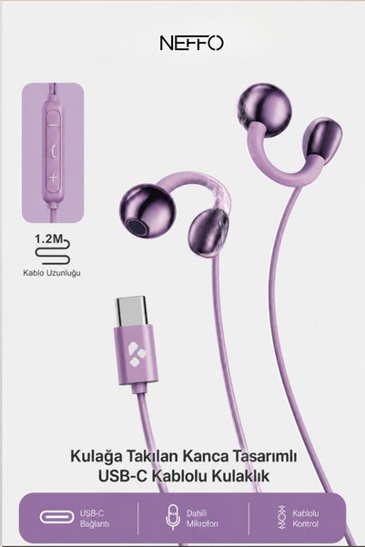 NEFFO USB-C Kablolu Kulaklık Kulak Kancalı Dahili Mikrofonlu Telefon Kulaklığ...