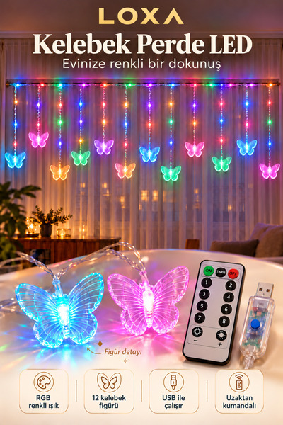 LOXA 12 Kelebekli RGB Renkli Perde LED Işık USB'li Kumandalı 8 Modlu Zamanlay...