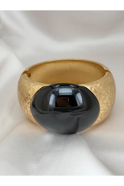 ZS Aksesuar Gold Color Antique Textured Stone Detailed Thick Wide Modern Styl...