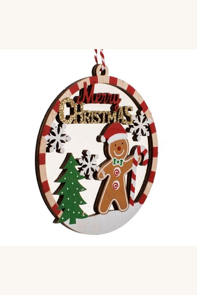 Comerivo Ornament Craciun glob lemn cu om turta dulce si sclipici sampaniu 10cm