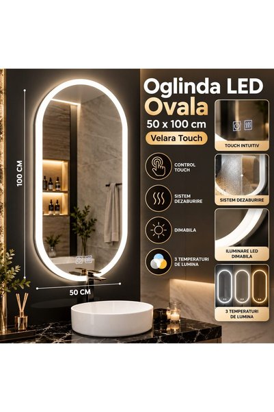 OEM Oglindă LED ovală, 50x100cm, Velara Touch, Sistem anti-aburire, Reglabilă