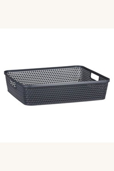Comerivo Organizator plastic cu textura ratan antracit si manere, 35.6x28.6x8cm