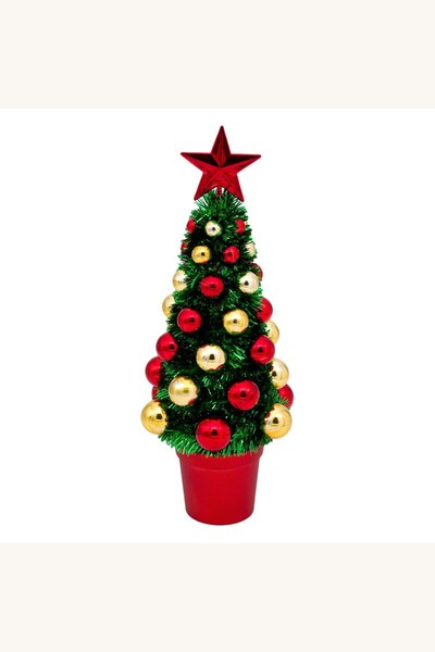 Comerivo Micul Brad Craciun cu Globuri Aurii si Rosii, 31cm, Baza Rosie
