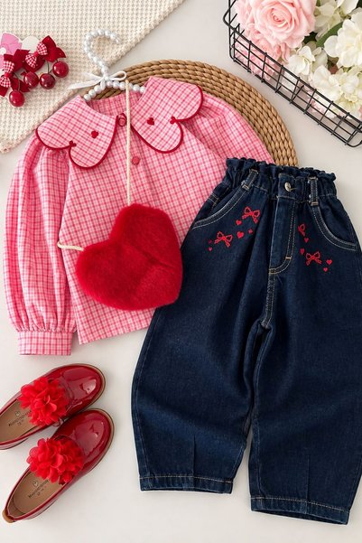 Minigimin Cicileri Plaid Girls' 3-Piece Set with Plush Heart Bag and Collar D...