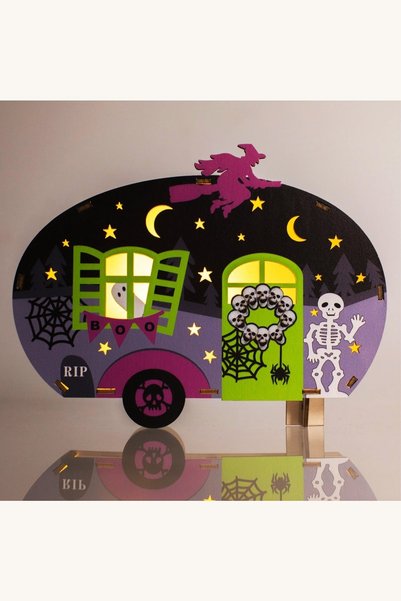 Comerivo Rulota Halloween din lemn cu vrajitoare, schelet si LED, 21x16cm