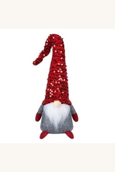 Comerivo Gnom decorativ Craciun, corp gri si caciula rosie cu paiete, 46cm