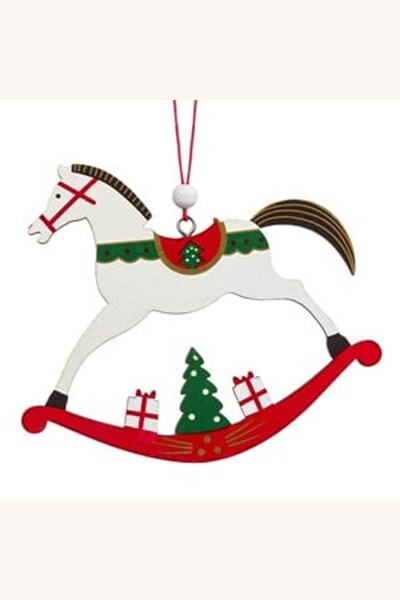 Comerivo Ornament Craciun cal balansoar din lemn cu cadouri, rosu, 12cm