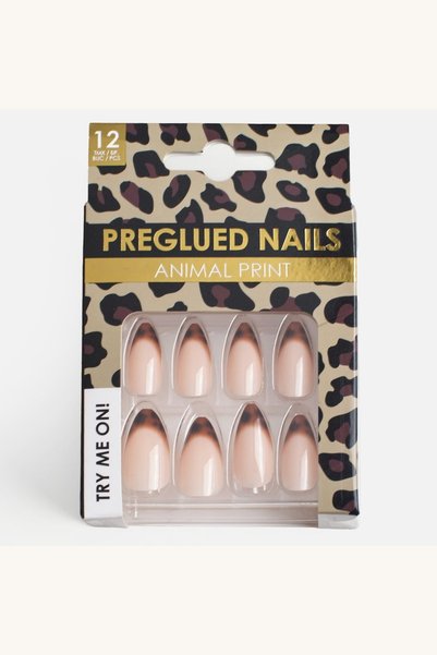 Comerivo Set 12 unghii false French roz leopard forma migdala cu adeziv inclus
