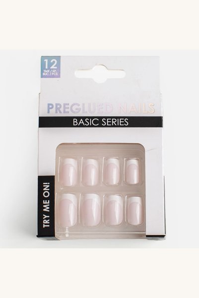 Comerivo Set 12 Unghii False French Patrate Roz Alb cu Adeziv Inclus