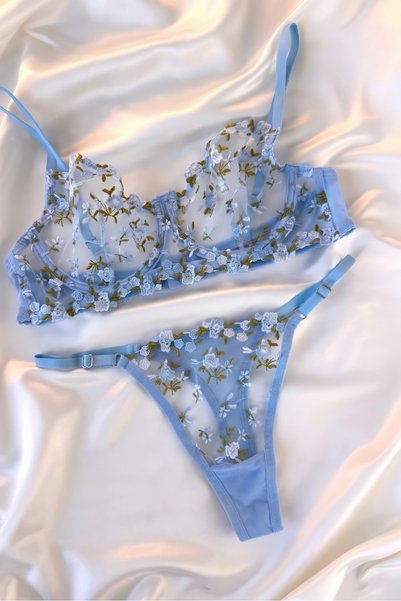 RUYAZ Lace Blue Floral Bra Panty Set Large and Small Sizes C Cup C Cup