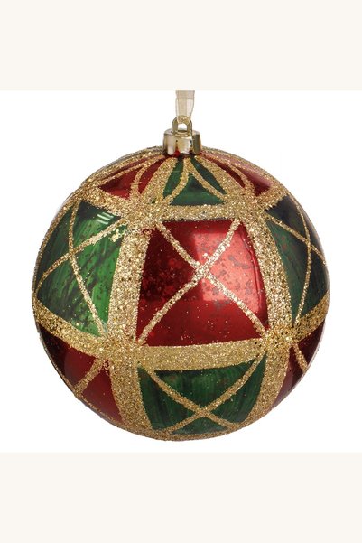 Comerivo Ornament brad Craciun glob rosu-verde cu sclipici auriu 12cm