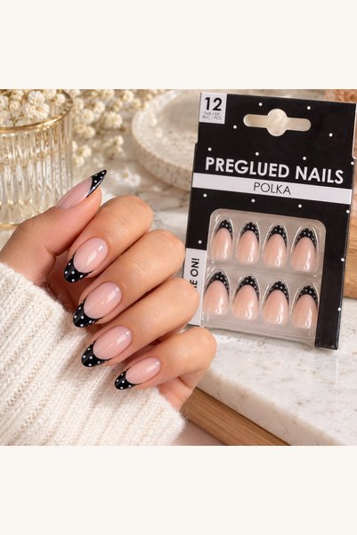 Comerivo Set 12 Unghii False cu French Negru si Buline - Nude Almond cu Adeziv