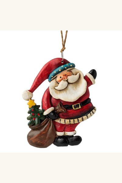 Comerivo Ornament Craciun Mos Craciun ceramic cu sac cadou, 8.5cm, rosu alb