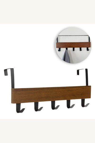 Comerivo Cuier maro din lemn cu 5 carlige metalice pentru usa, 38x7x16cm