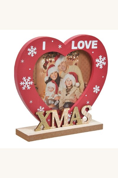 Comerivo Ornament rama foto Craciun cu inima rosie si glitter, 13x15cm
