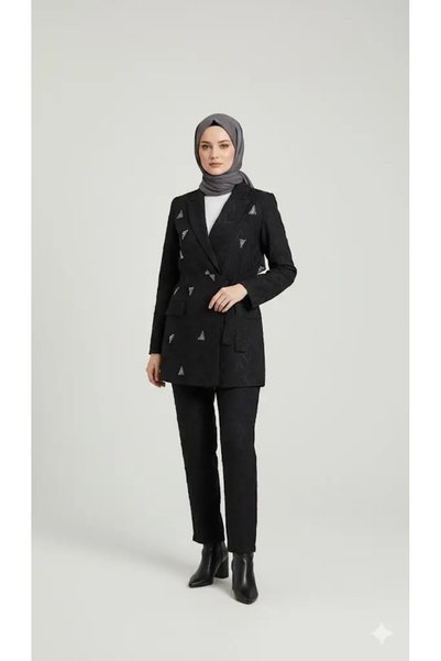 NPRIVE Kadın Tesettür Taşlı Blazer Takım İpek Kupra 2'li Ceket Pantolon Takım