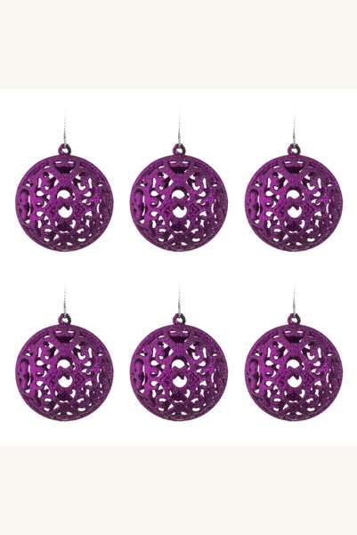 Comerivo Set 6 globuri Craciun mov diametru 6cm cu perforatie si glitter