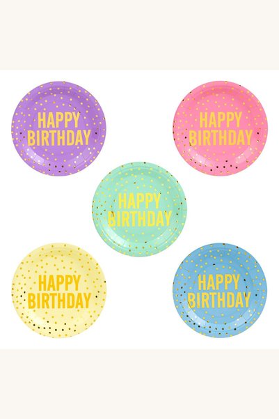Comerivo Set 25 farfurii carton colorat pentru petrecere cu folie aurie Happy...