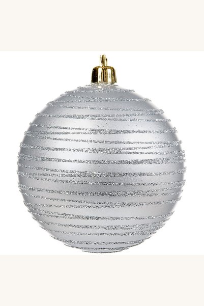Comerivo 6 globuri Craciun argintii mat cu glitter dungi 8cm pentru brad