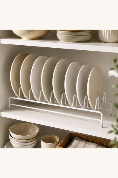 Comerivo Organizator farfurii metal pentru 8 piese, alb, 33,5x13x10cm