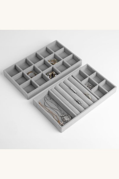 Comerivo Set 2 suporturi organizatoare gri suede pentru bijuterii, cu compart...