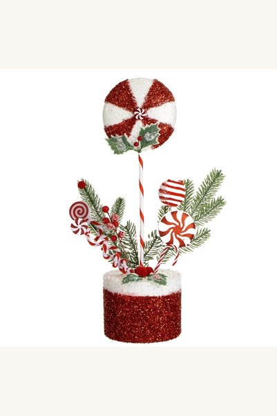 Comerivo Ornament Craciun Acadele Candy Rosu Alb cu Pompon si Ramuri 53cm