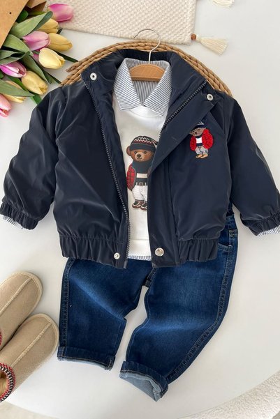 Minigimin Cicileri Teddy Bear Poncho Embroidered Coat Baby Boy 4-Piece Denim ...