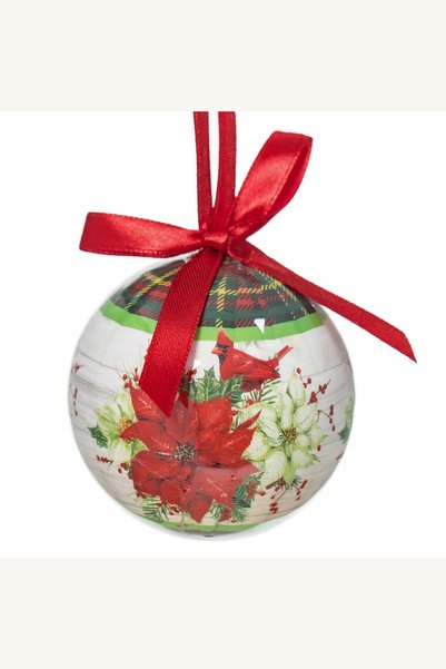 Comerivo Glob de Craciun vintage cu craciunite si panglica rosie, 7.5 cm