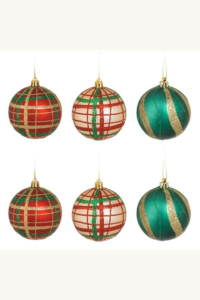Comerivo Set 6 globuri Craciun cu carouri si glitter, rosu verde bej, diametr...