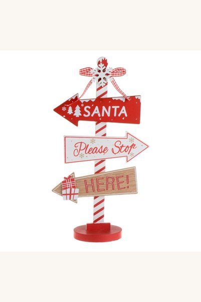 Comerivo Tablita decorativa Craciun cu sageti si mesaj Santa, lemn rosu-alb 30cm