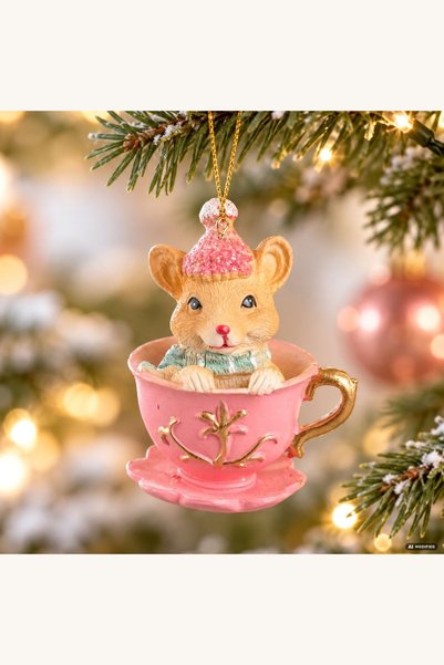 Comerivo Ornament Brad Craciun Soricel cu Cana Roz Glamour 8,5 cm