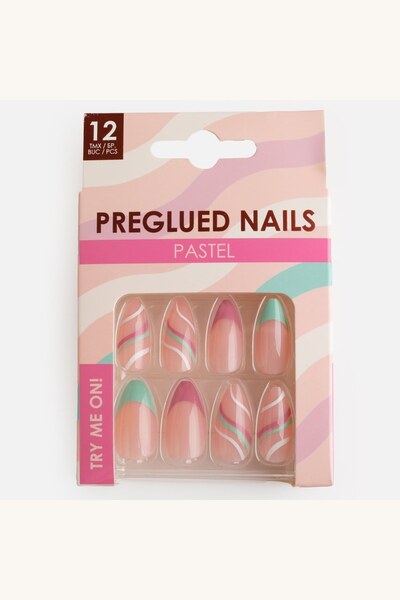 Comerivo Set 12 unghii false almond nude pastel cu adeziv - manichiura de vara